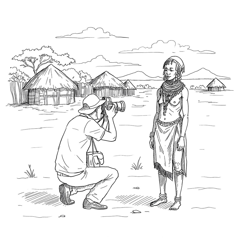 Illustration of a man photographing a Khoisan woman posing in front of her village
