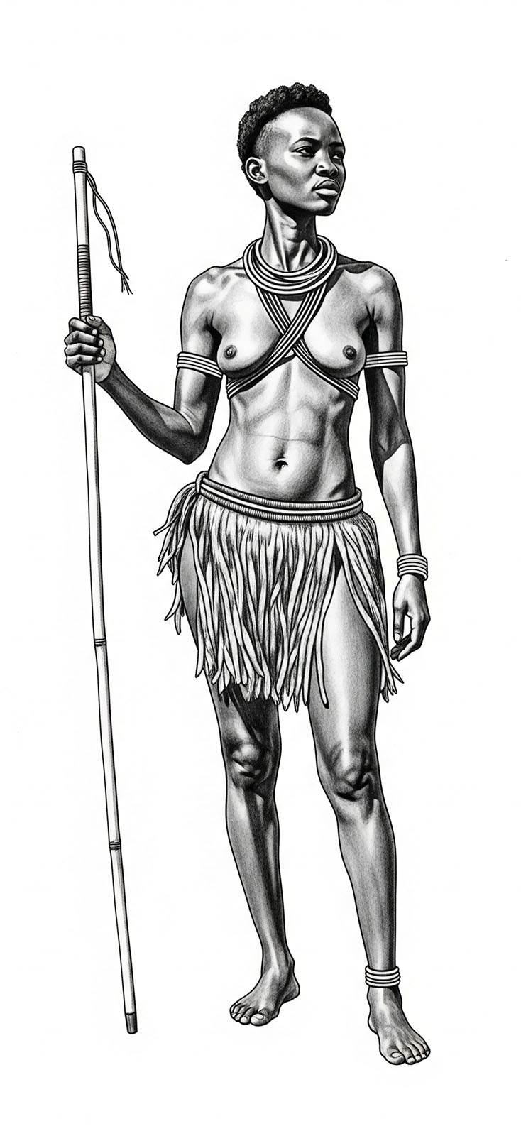 Un dessin au graphite sur fond blanc représentant une femme Khoisan debout avec fierté, regardant devant elle, tenant un bâton de lancer dans sa main droite, vêtue d’une tenue traditionnelle avec une jupe et un sein exposé.