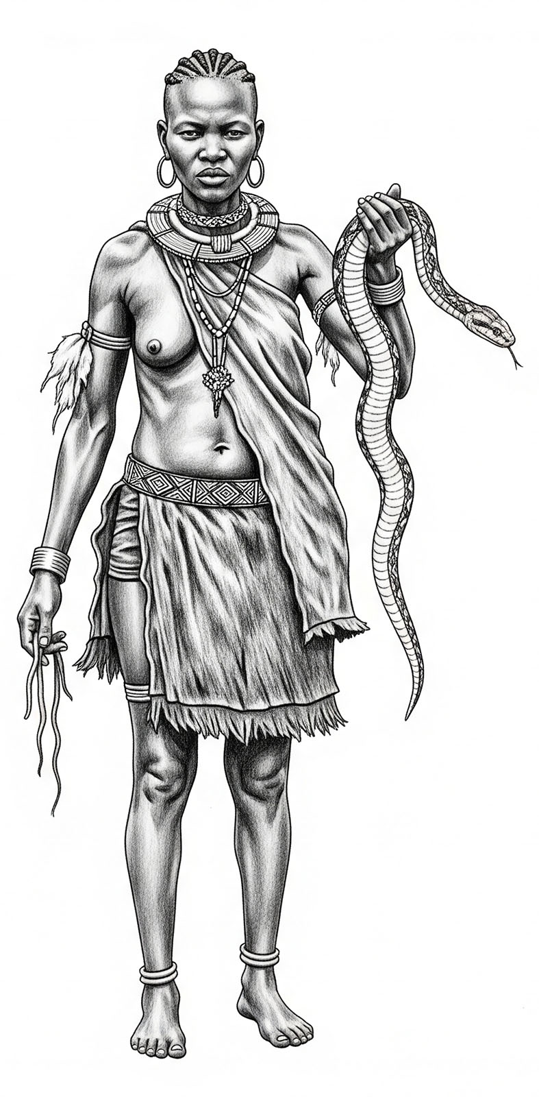 Un dessin au graphite en noir et blanc représentant une femme Khoisan en tenue traditionnelle, avec son sein exposé, tenant un serpent de son bras gauche, destiné à être utilisé comme nourriture.
