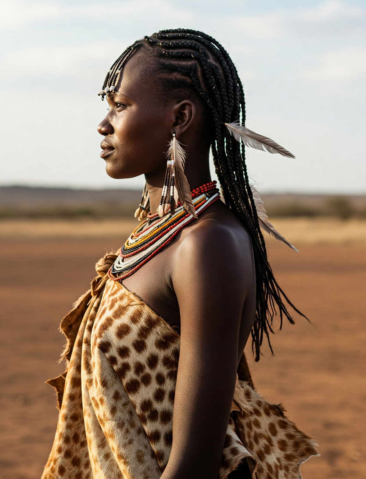 Foto einer schönen Khoisan-Frau in traditioneller Kleidung, die nachdenklich auf einem offenen Feld steht