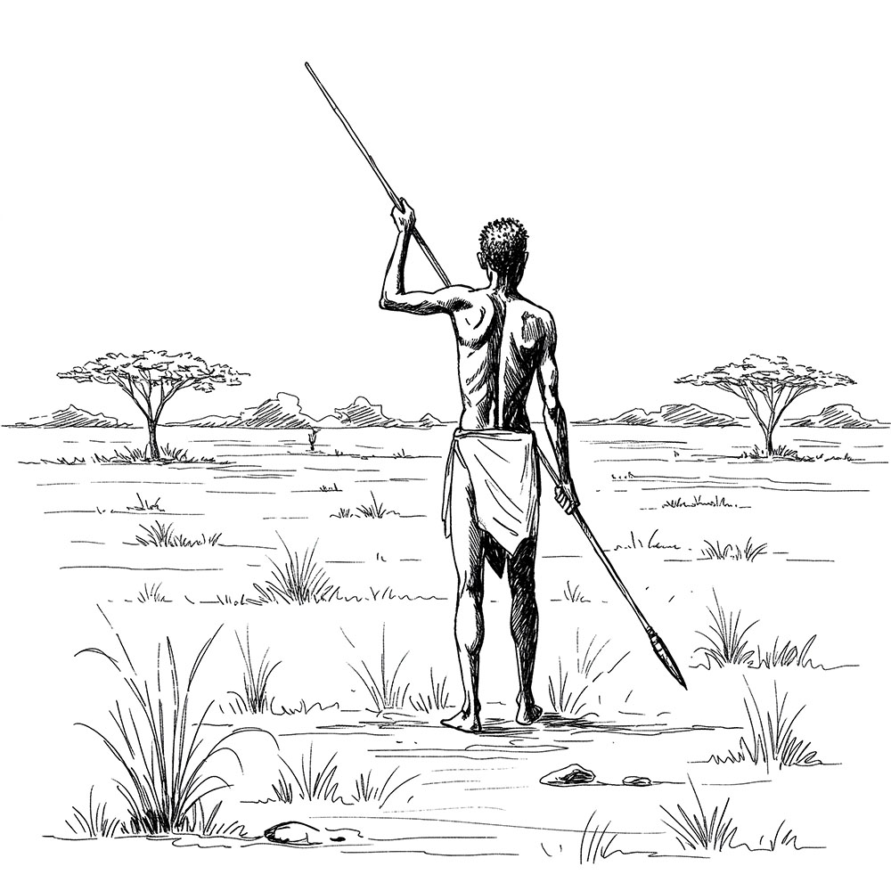 Ilustração de um homem Khoisan com lança, esperando por sua presa