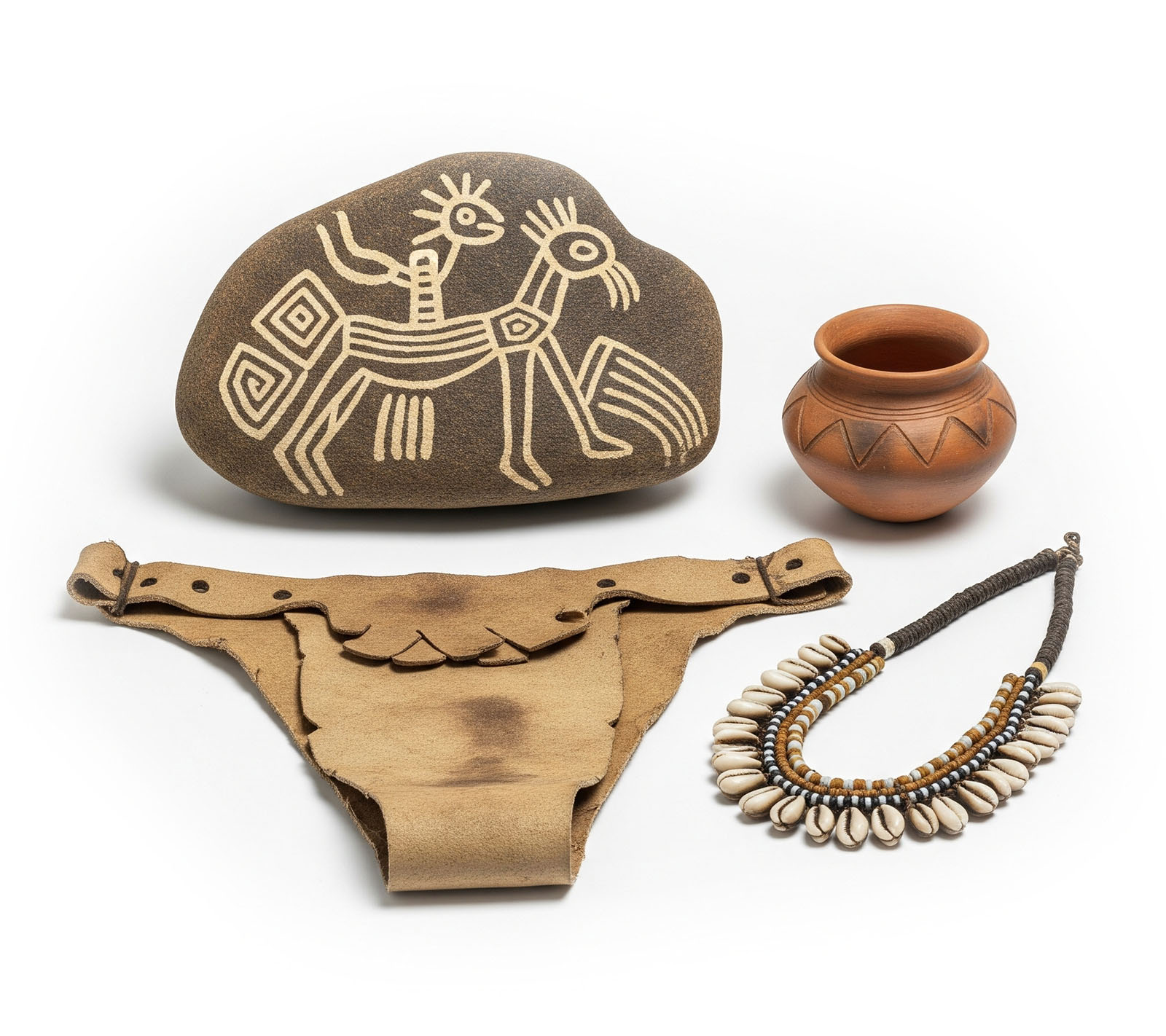 Colección de artefactos culturales Khoisan que incluye una roca con pintura, un taparrabos de cuero, un pote de cerámica y un collar de cuentas de huevo de avestruz