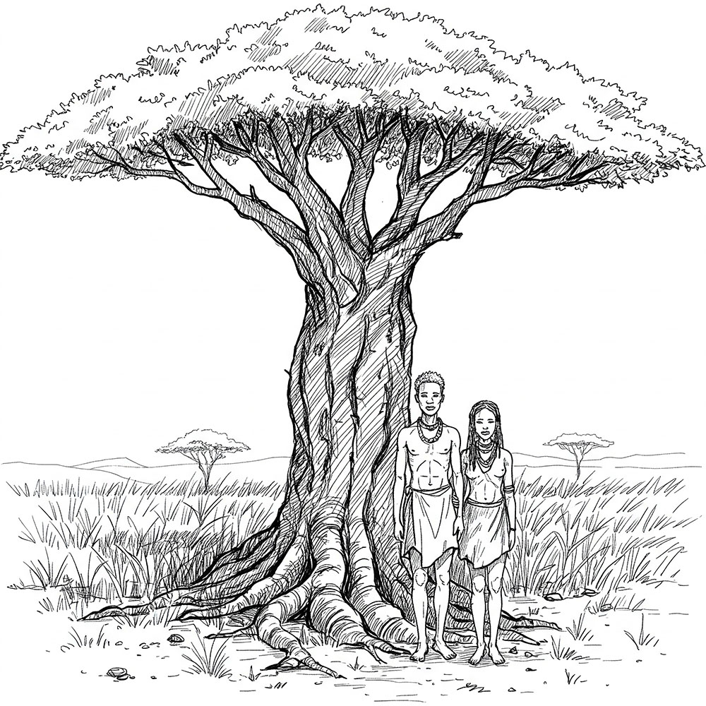 Ilustración de un hombre y una mujer khoisán bajo un árbol sagrado