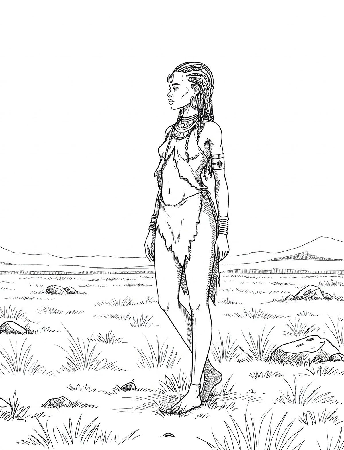 Illustration d’une femme Khoïsan dans un champ, symbole de la préservation culturelle
