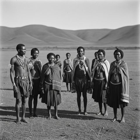 Una fotografía en blanco y negro de un grupo de hombres y mujeres Khoisan en atuendos tradicionales, de pie en un campo abierto, con colinas visibles a lo lejos.