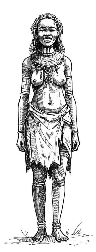 Illustration of a joyful Khoekhoe woman dressed in traditional clothing and accessories