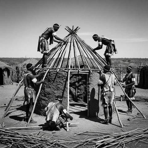 Um grupo de homens Khoisan trabalhando juntos para construir uma cabana tradicional em sua vila, com alguns trabalhando no telhado e outros focando em diferentes partes da estrutura.