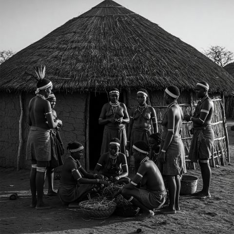 Grupo de mulheres khoikhoi com roupas tradicionais reunidas em frente a uma cabana de palha; algumas estão de pé, outras trabalham com capim em cestos trançados como parte de uma atividade comunitária.